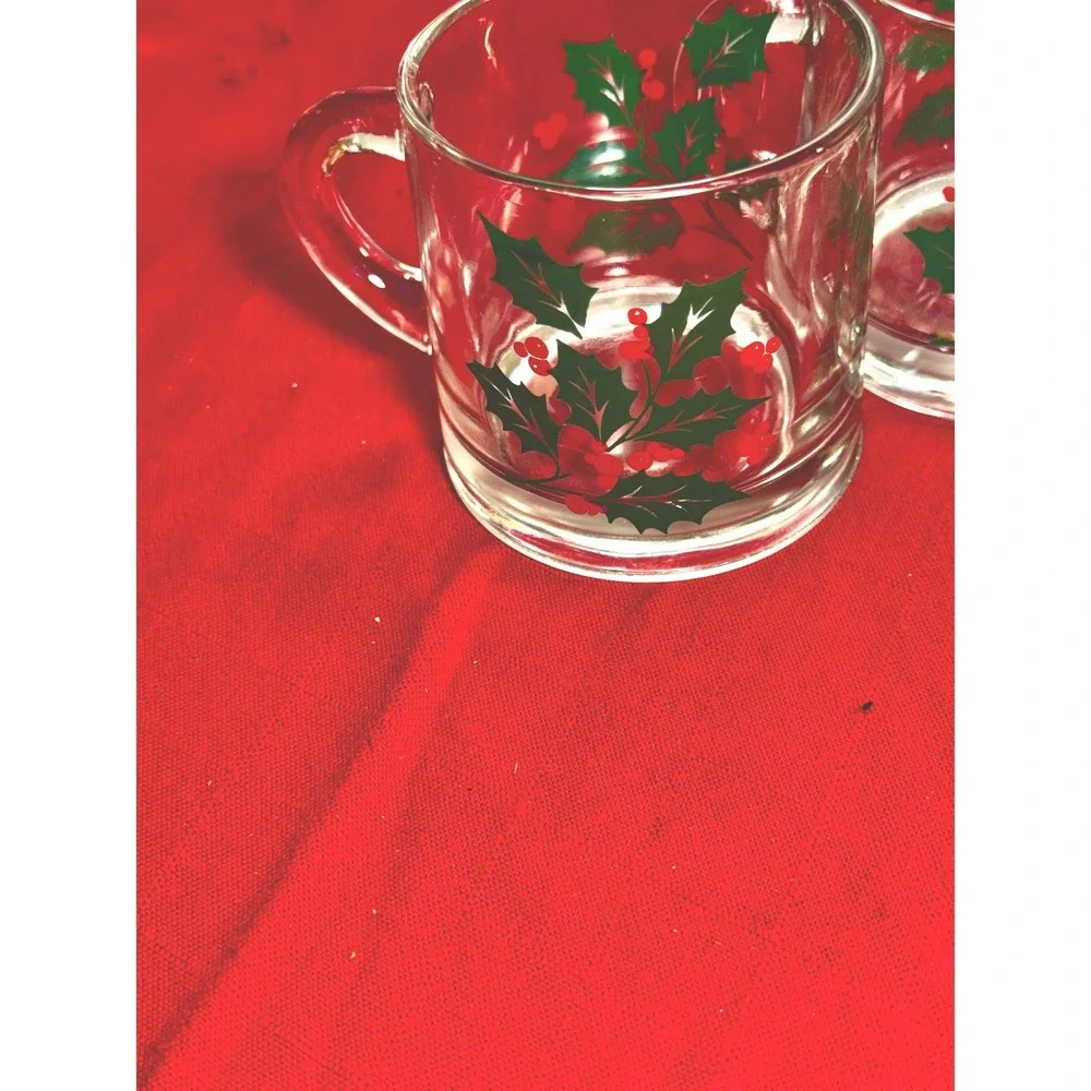 Vintage Indiana Glass Holly and Berries Eggnog Bowl and 6 Cups Christmas Set